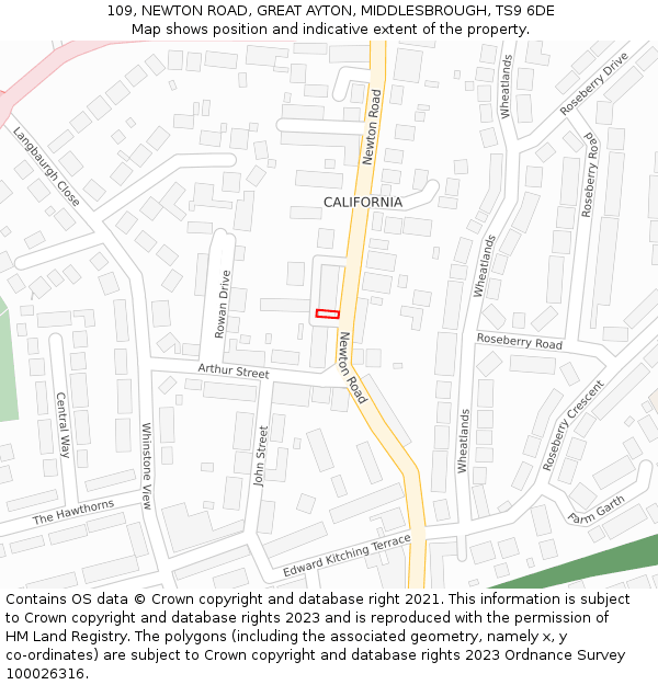 109, NEWTON ROAD, GREAT AYTON, MIDDLESBROUGH, TS9 6DE: Location map and indicative extent of plot