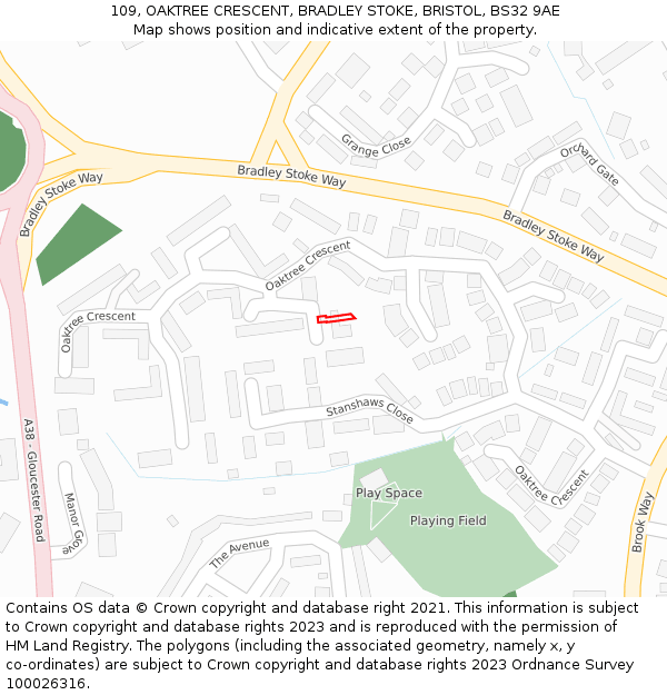 109, OAKTREE CRESCENT, BRADLEY STOKE, BRISTOL, BS32 9AE: Location map and indicative extent of plot