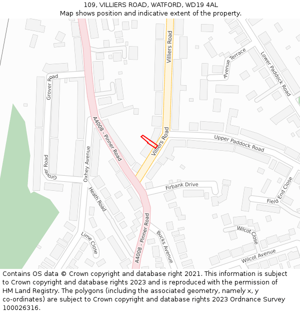 109, VILLIERS ROAD, WATFORD, WD19 4AL: Location map and indicative extent of plot