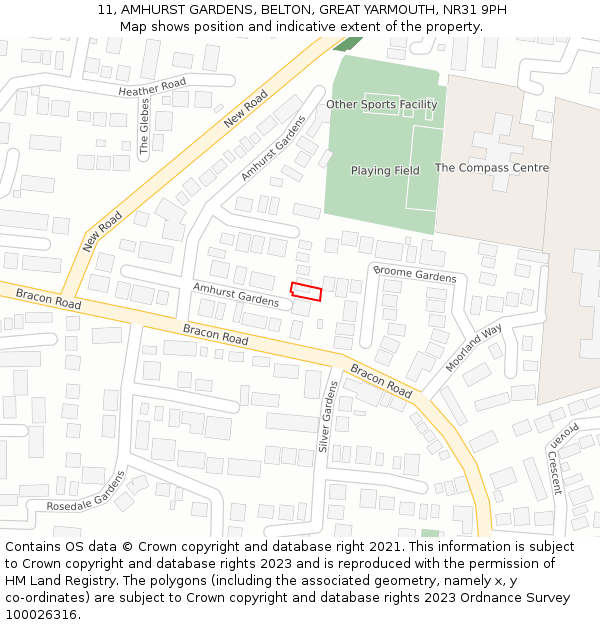 11, AMHURST GARDENS, BELTON, GREAT YARMOUTH, NR31 9PH: Location map and indicative extent of plot