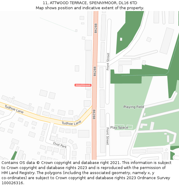 11, ATTWOOD TERRACE, SPENNYMOOR, DL16 6TD: Location map and indicative extent of plot