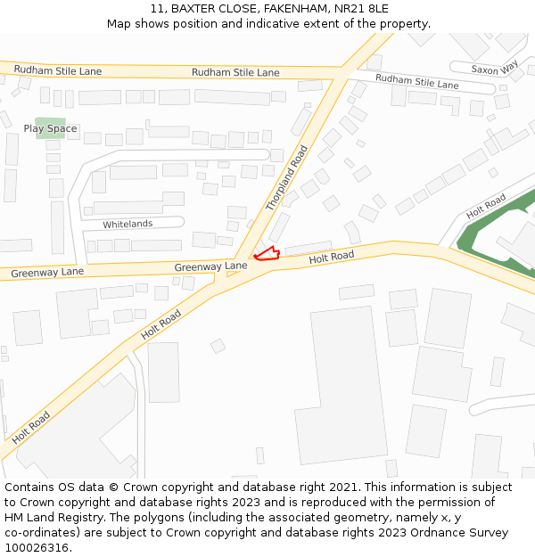 11, BAXTER CLOSE, FAKENHAM, NR21 8LE: Location map and indicative extent of plot