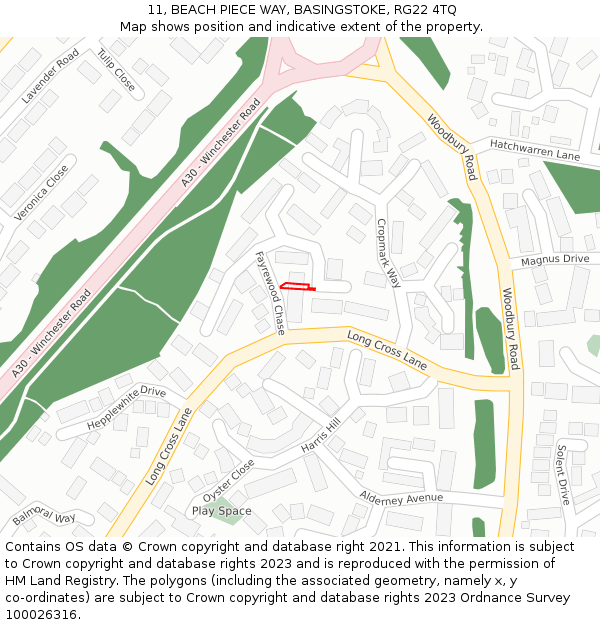 11, BEACH PIECE WAY, BASINGSTOKE, RG22 4TQ: Location map and indicative extent of plot