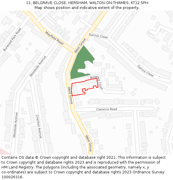 11, BELGRAVE CLOSE, HERSHAM, WALTON-ON-THAMES, KT12 5PH: Location map and indicative extent of plot