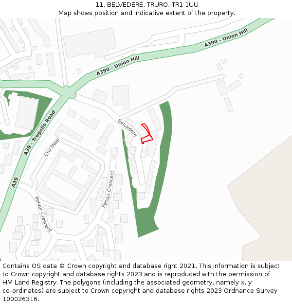 11, BELVEDERE, TRURO, TR1 1UU: Location map and indicative extent of plot