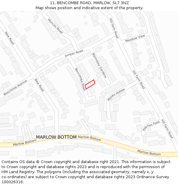 11, BENCOMBE ROAD, MARLOW, SL7 3NZ: Location map and indicative extent of plot