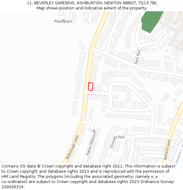 11, BEVERLEY GARDENS, ASHBURTON, NEWTON ABBOT, TQ13 7BL: Location map and indicative extent of plot