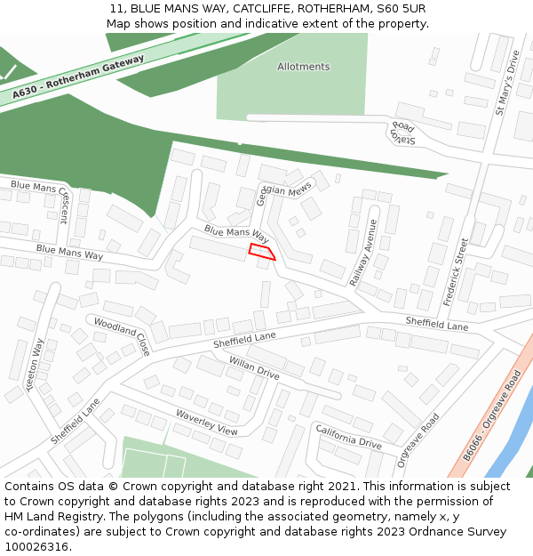 11, BLUE MANS WAY, CATCLIFFE, ROTHERHAM, S60 5UR: Location map and indicative extent of plot