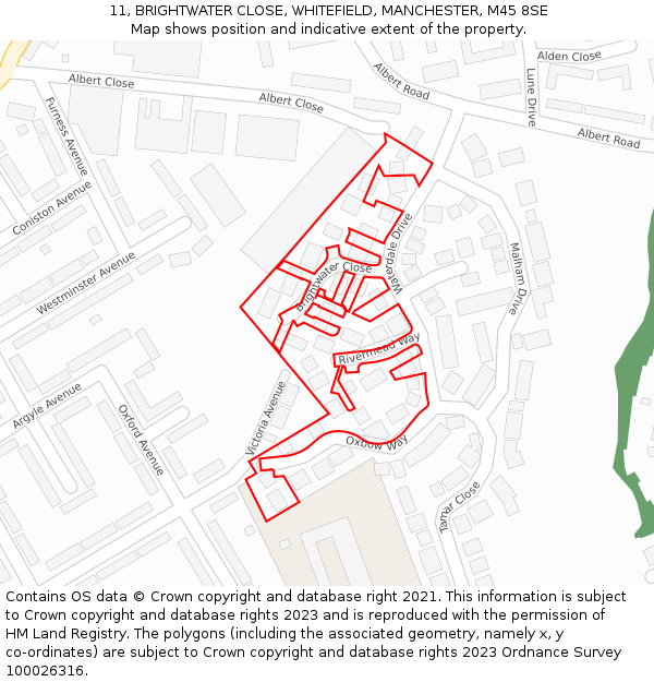 11, BRIGHTWATER CLOSE, WHITEFIELD, MANCHESTER, M45 8SE: Location map and indicative extent of plot