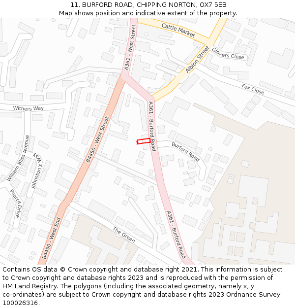 11, BURFORD ROAD, CHIPPING NORTON, OX7 5EB: Location map and indicative extent of plot