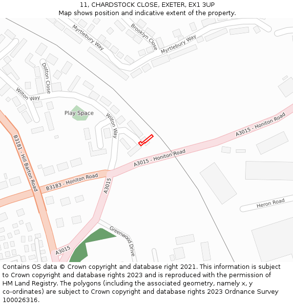 11, CHARDSTOCK CLOSE, EXETER, EX1 3UP: Location map and indicative extent of plot