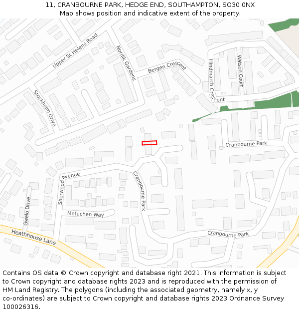 11, CRANBOURNE PARK, HEDGE END, SOUTHAMPTON, SO30 0NX: Location map and indicative extent of plot
