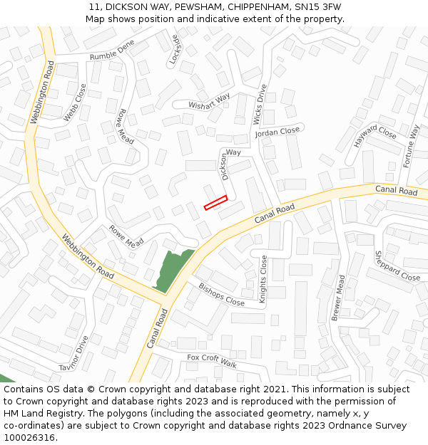 11, DICKSON WAY, PEWSHAM, CHIPPENHAM, SN15 3FW: Location map and indicative extent of plot