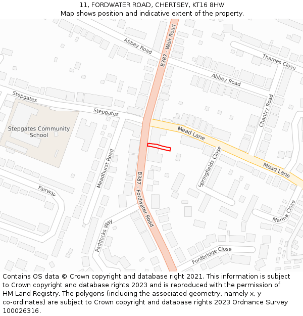 11, FORDWATER ROAD, CHERTSEY, KT16 8HW: Location map and indicative extent of plot