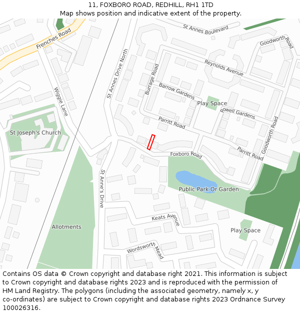 11, FOXBORO ROAD, REDHILL, RH1 1TD: Location map and indicative extent of plot