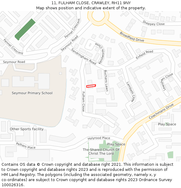11, FULHAM CLOSE, CRAWLEY, RH11 9NY: Location map and indicative extent of plot