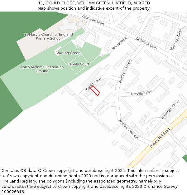 11, GOULD CLOSE, WELHAM GREEN, HATFIELD, AL9 7EB: Location map and indicative extent of plot