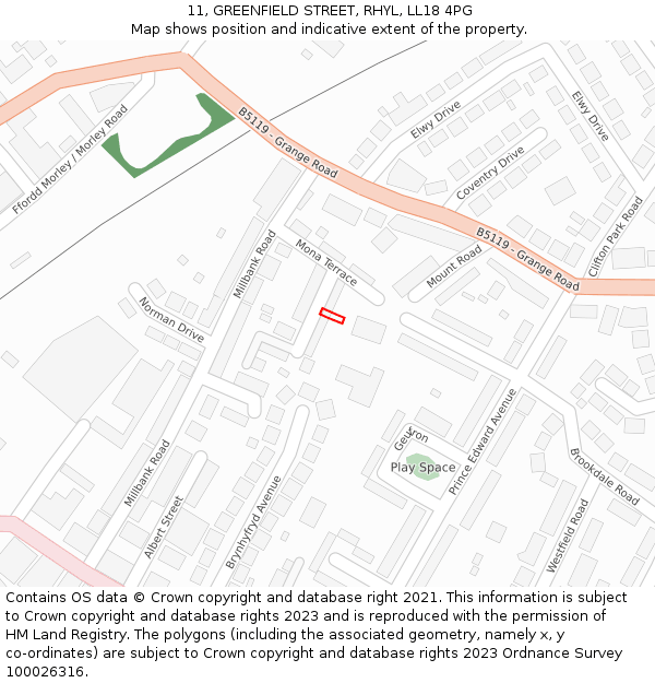 11, GREENFIELD STREET, RHYL, LL18 4PG: Location map and indicative extent of plot