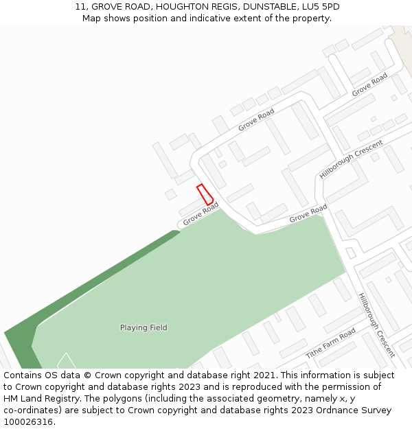 11, GROVE ROAD, HOUGHTON REGIS, DUNSTABLE, LU5 5PD: Location map and indicative extent of plot