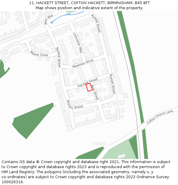 11, HACKETT STREET, COFTON HACKETT, BIRMINGHAM, B45 8FT: Location map and indicative extent of plot