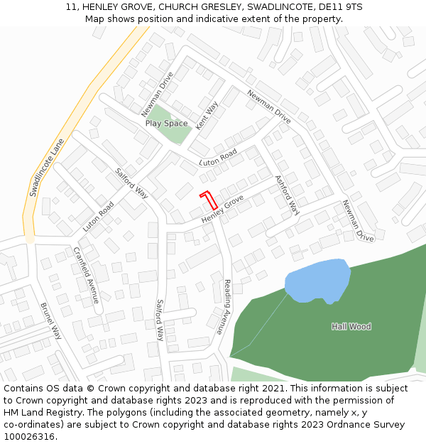 11, HENLEY GROVE, CHURCH GRESLEY, SWADLINCOTE, DE11 9TS: Location map and indicative extent of plot