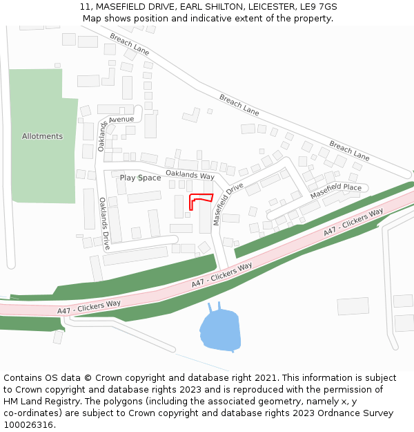 11, MASEFIELD DRIVE, EARL SHILTON, LEICESTER, LE9 7GS: Location map and indicative extent of plot