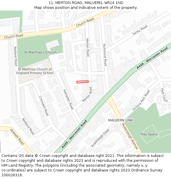 11, MERTON ROAD, MALVERN, WR14 1ND: Location map and indicative extent of plot