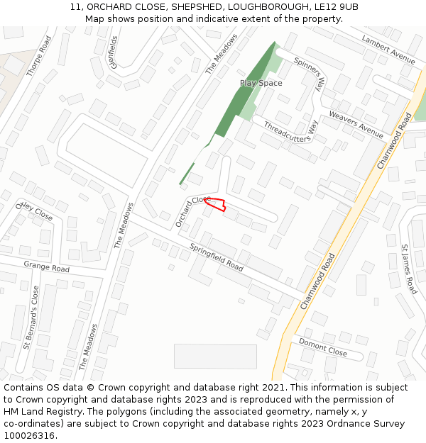 11, ORCHARD CLOSE, SHEPSHED, LOUGHBOROUGH, LE12 9UB: Location map and indicative extent of plot