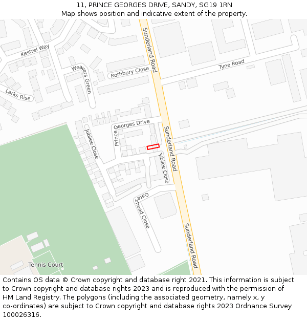 11, PRINCE GEORGES DRIVE, SANDY, SG19 1RN: Location map and indicative extent of plot