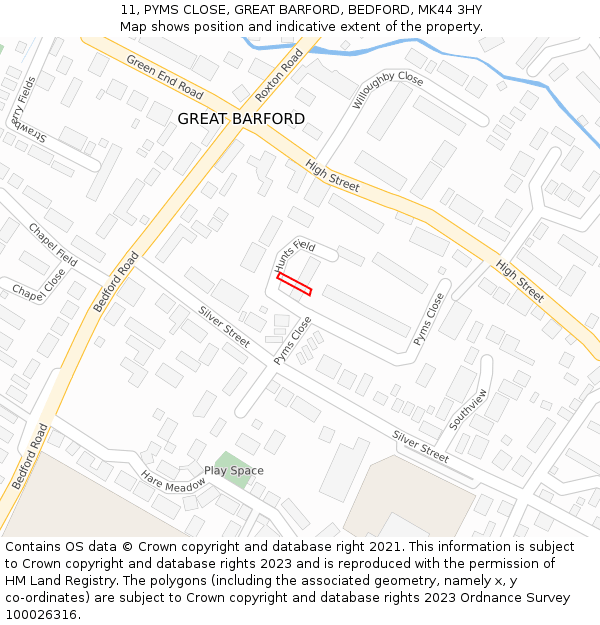 11, PYMS CLOSE, GREAT BARFORD, BEDFORD, MK44 3HY: Location map and indicative extent of plot