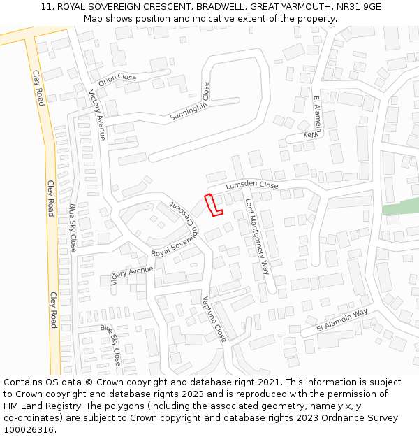 11, ROYAL SOVEREIGN CRESCENT, BRADWELL, GREAT YARMOUTH, NR31 9GE: Location map and indicative extent of plot