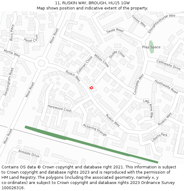11, RUSKIN WAY, BROUGH, HU15 1GW: Location map and indicative extent of plot