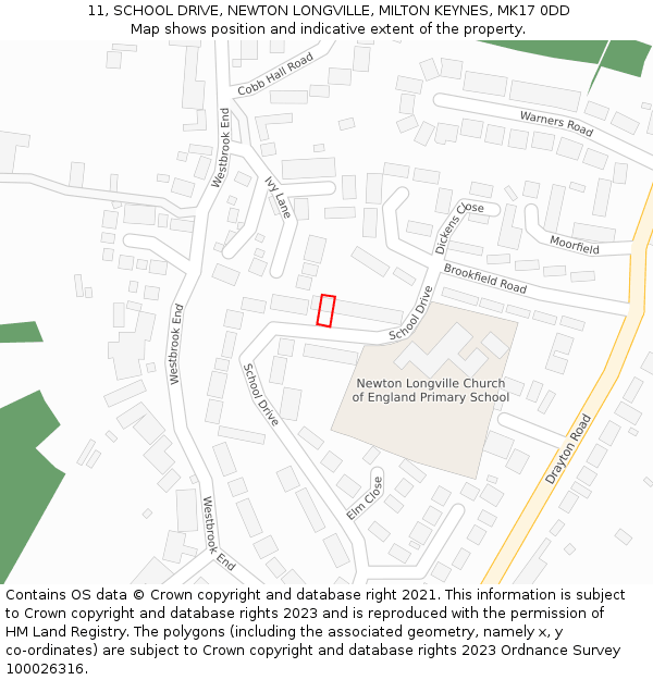 11, SCHOOL DRIVE, NEWTON LONGVILLE, MILTON KEYNES, MK17 0DD: Location map and indicative extent of plot