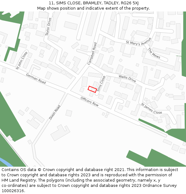 11, SIMS CLOSE, BRAMLEY, TADLEY, RG26 5XJ: Location map and indicative extent of plot