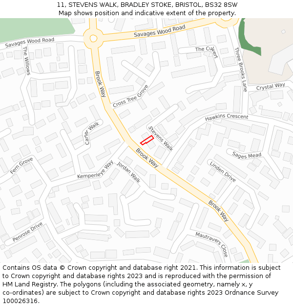 11, STEVENS WALK, BRADLEY STOKE, BRISTOL, BS32 8SW: Location map and indicative extent of plot