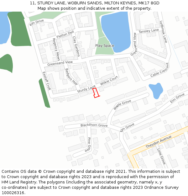 11, STURDY LANE, WOBURN SANDS, MILTON KEYNES, MK17 8GD: Location map and indicative extent of plot