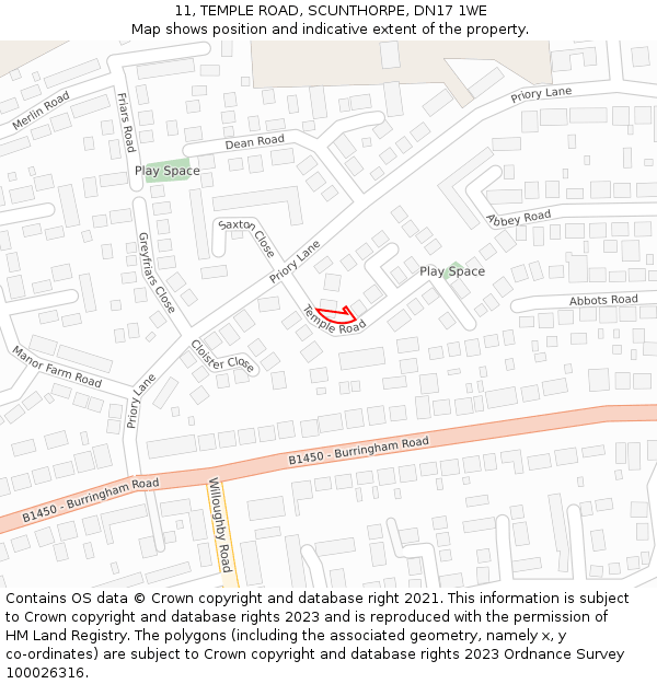 11, TEMPLE ROAD, SCUNTHORPE, DN17 1WE: Location map and indicative extent of plot