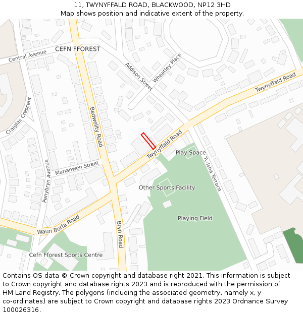 11, TWYNYFFALD ROAD, BLACKWOOD, NP12 3HD: Location map and indicative extent of plot