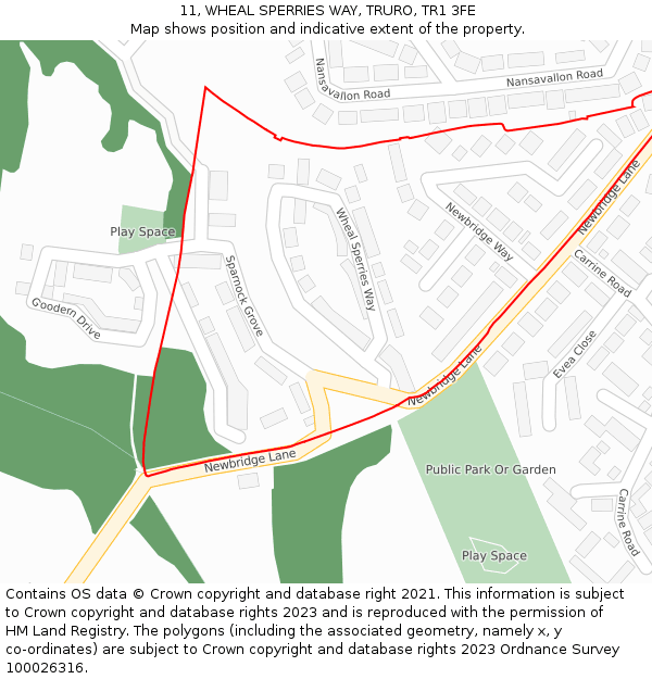 11, WHEAL SPERRIES WAY, TRURO, TR1 3FE: Location map and indicative extent of plot