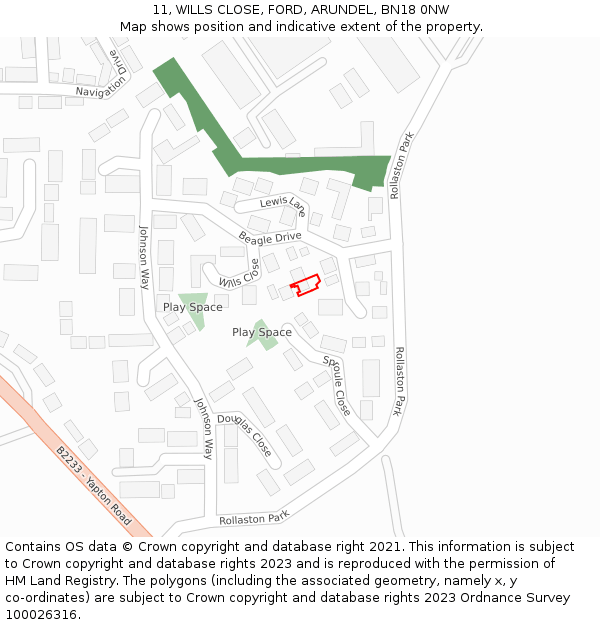 11, WILLS CLOSE, FORD, ARUNDEL, BN18 0NW: Location map and indicative extent of plot