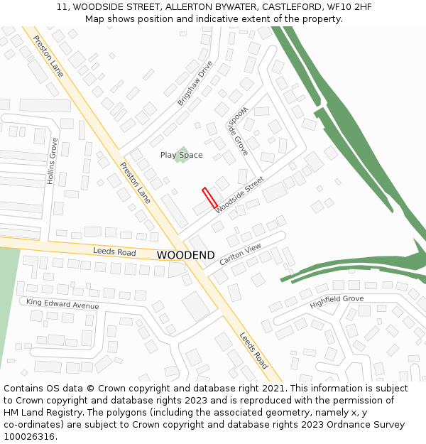 11, WOODSIDE STREET, ALLERTON BYWATER, CASTLEFORD, WF10 2HF: Location map and indicative extent of plot