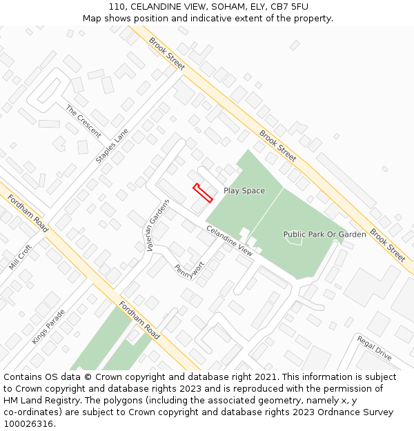 110, CELANDINE VIEW, SOHAM, ELY, CB7 5FU: Location map and indicative extent of plot