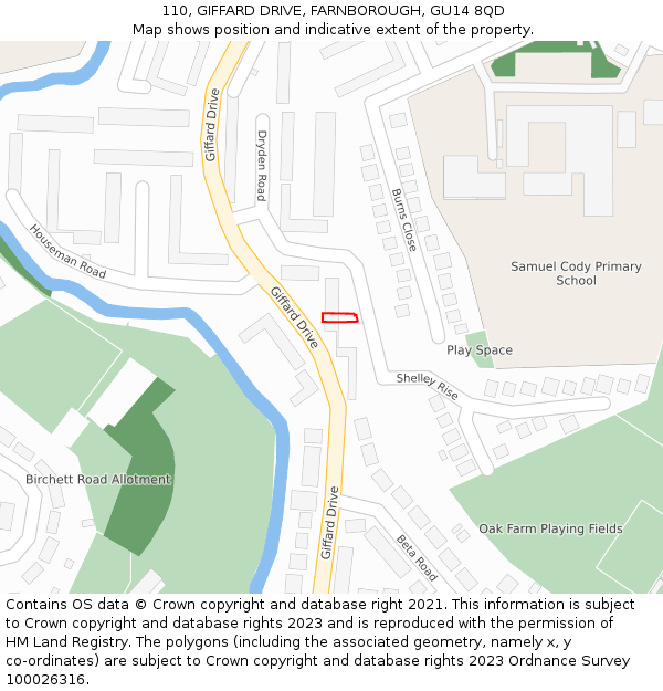 110, GIFFARD DRIVE, FARNBOROUGH, GU14 8QD: Location map and indicative extent of plot