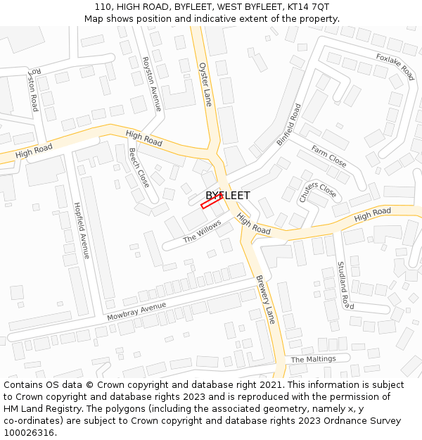 110, HIGH ROAD, BYFLEET, WEST BYFLEET, KT14 7QT: Location map and indicative extent of plot