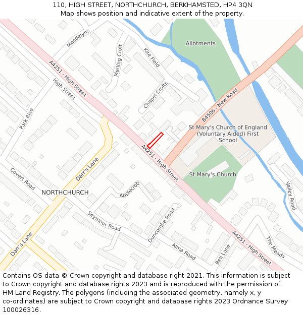 110, HIGH STREET, NORTHCHURCH, BERKHAMSTED, HP4 3QN: Location map and indicative extent of plot