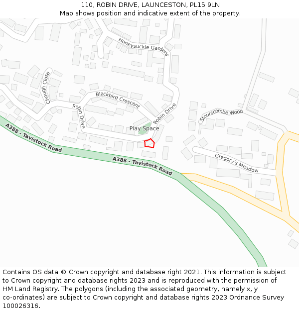 110, ROBIN DRIVE, LAUNCESTON, PL15 9LN: Location map and indicative extent of plot