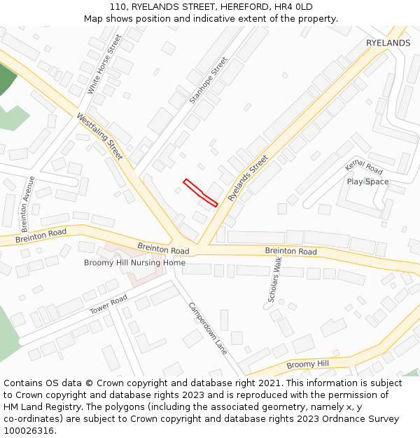 110, RYELANDS STREET, HEREFORD, HR4 0LD: Location map and indicative extent of plot