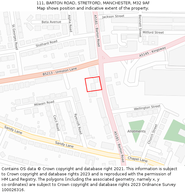 111, BARTON ROAD, STRETFORD, MANCHESTER, M32 9AF: Location map and indicative extent of plot