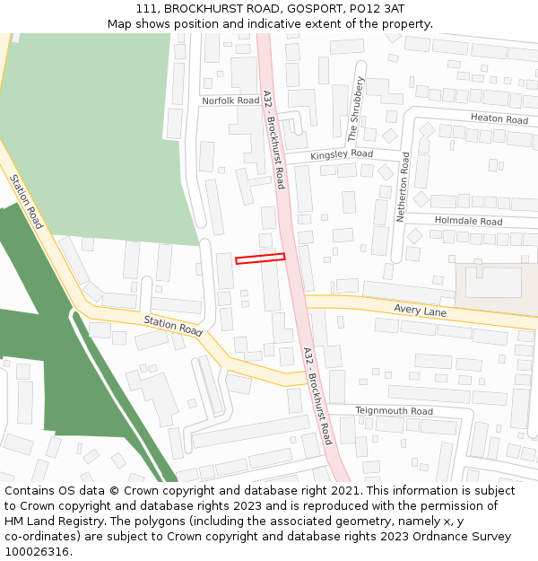 111, BROCKHURST ROAD, GOSPORT, PO12 3AT: Location map and indicative extent of plot