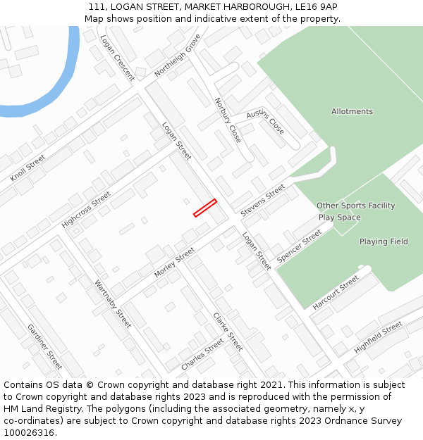 111, LOGAN STREET, MARKET HARBOROUGH, LE16 9AP: Location map and indicative extent of plot